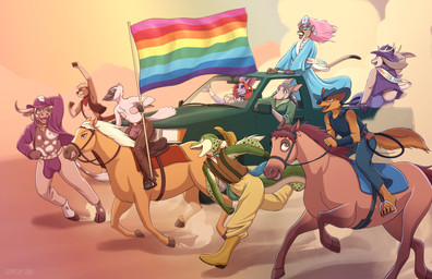 anthro antlers binding_tape boots car chaps clothed clothing cowboy_boots cowboy_hat crown drag_king drag_queen dust_cloud ear_piercing ear_ring facial_piercing flag flag_(object) footwear group hat headgear headwear hooves horn kerchief lasso leather leather_chaps leather_clothing leather_topwear leather_vest lgbt_pride makeup mastectomy_scar nose_piercing nose_ring open_clothing open_shirt open_topwear outside piercing pride_colors quadruped rainbow_flag rainbow_pride_flag rainbow_symbol ring_piercing rodeo rodeo_clown running sash scar scarf shirt shoes suspenders tiara topwear truck vehicle vest glopossum texas_furry_fiesta willow_(glopossum) alligator_gar aquatic armadillo avian bat bird bovid bovine canid canine canis cougar coyote crane_(bird) equid equine felid feline fish gruiform grus_(genus) horse jackalope lagomorph longhorn mammal mustelid otter whooping_crane xenarthran digital_media_(artwork) hi_res
