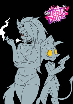 cigarette clothing female gun male pajamas ranged_weapon simple_background solo suit text weapon kato777 hellaverse helluva_boss mythology loona_(helluva_boss) moxxie_(helluva_boss) canid canid_demon canine demon hellhound imp mammal mythological_canine mythological_creature absurd_res hi_res superabsurd_res