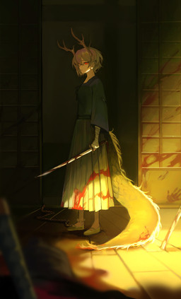 antlers bandage bandaged_arm blonde_hair blood blood_on_clothing blood_on_ground blood_on_object blood_on_sword blood_on_wall blood_on_weapon blue_bottomwear blue_clothing blue_shirt blue_skirt blue_topwear blurred_foreground bodily_fluids bottomwear chain clothing female footwear hair hand_print holding_melee_weapon holding_object holding_sword holding_weapon horn mary_janes melee_weapon pleated_skirt red_eyes shirt shoes short_hair skirt solo standing sword tail tatami topwear weapon ne2op mythology touhou yachie_kicchou animal_humanoid dragon dragon_humanoid eastern_dragon eastern_dragon_humanoid humanoid mythological_creature mythological_scalie scalie absurd_res full-length_portrait hi_res portrait