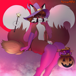 2_tails anthro balls big_balls big_butt big_penis biped brown_body brown_fur butt candy chocolate chocolate_bar clothing costume dessert erection femboy food footwear full_moon fur genitals glans halloween_costume hat headgear headwear holidays humanoid_genitalia humanoid_penis legs_together magic male male_anthro moon multi_tail naughty_face penis pink_clothing pink_footwear pink_socks purple_eyes red_moon socks solo spiral star tail thick_thighs white_body white_fur witch_costume witch_hat normannsfw halloween normanthefox canid canine fox mammal 1:1 absurd_res hi_res