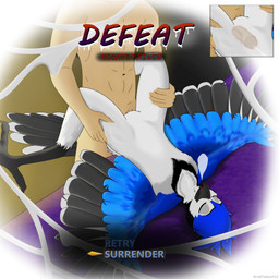 anthro beak bed bedroom blue_body blue_feathers bodily_fluids breath chest_tuft continue_screen cum cum_inside cum_while_penetrated cutaway defeat defeat_sex defeated duo ejaculation eyes_closed feathers female female_penetrated flat_chested fluffy furniture game_over gameplay_mechanics genital_fluids genitals holding_both_legs human_on_anthro internal interspecies leg_grab looking_pleasured lying male male/female male_penetrating male_penetrating_anthro male_penetrating_female on_back penetration penis roleplay sex spread_legs spread_wings spreading surrendering tail tail_feathers thigh_grab tuft user_interface wings wrattales2022 avian bird blue_jay corvid human jay_(bird) mammal new_world_jay oscine passerine 1:1 absurd_res hi_res