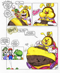 anthro belly big_belly clothing crown female gloves group handwear hat headgear headwear huge_belly male oral_vore overweight speech_bubble text vore killboo fat_yoshi mario_bros nintendo super_mario_galaxy bowser chris_pratt honey_queen luigi mario weegee arthropod bee human hymenopteran insect koopa mammal scalie yoshi 2026 comic english_text hi_res