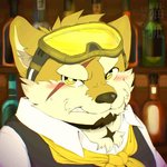 angry anthro bartender blush embarrassed eyewear facial_hair fur goggles male mustache scar solo vein yellow_body yellow_fur nekoinutorakuma lifewonders live_a_hero procy canid canine canis domestic_dog mammal 1:1 hi_res