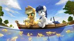 16:9 2018 ambient_fish ambient_sealife applejack_(mlp) boat clothing cloud constance_everheart cowboy_hat day digital_media_(artwork) duo_focus earth_pony equid equine eyelashes fan_character female feral fidzfox fish freckles friendship_is_magic fur group hasbro hat headgear headwear hi_res horse large_group male mammal marine my_little_pony open_mouth orange_body orange_fur plant pony sky smile tree vehicle water watercraft white_body white_fur widescreen
