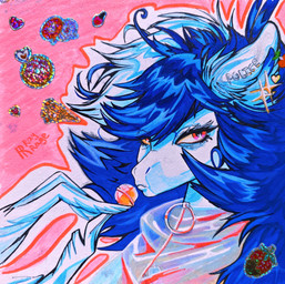 anthro bangs blue_eyebrows blue_mane candy closed_frown clothing dessert ear_piercing eye_through_hair eyebrows eyelashes feather_hands feathers female food frown fur grey_clothing grey_jacket grey_topwear hair heart_ear_piercing holding_candy holding_food holding_lollipop holding_object jacket lidded_eyes light lollipop long_mane mane mouth_closed multicolored_mane piercing pink_background pink_eyes simple_background solo sticker text topwear translucent translucent_hair two_tone_mane white_body white_feathers white_fur white_mane wings rayrage mythology fan_character rachel_rage equid equine mammal mythological_creature mythological_equine pegasus 2025 absurd_res artist_name colored english_description hi_res lighting marker_(artwork) shaded traditional_media_(artwork)