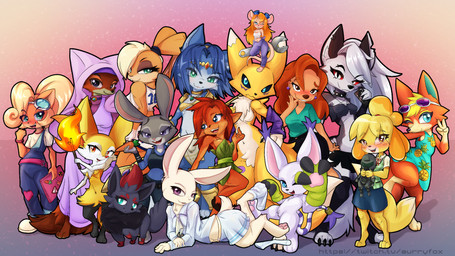 anthro armwear bedroom_eyes black_body black_claws black_fur black_nose black_sclera blonde_hair blue_body blue_eyes blue_fur blue_hair blush bottomwear breasts brown_eyes carrot_pen cheek_tuft claws cleavage clothed clothed_female clothing crop_top desktop_wallpaper dress eyelashes eyewear eyewear_on_head facial_tuft female feral fur green_eyes grey_body grey_fur grey_hair group hair holding_object holding_plushie large_group loincloth long_hair looking_at_viewer lying medium_breasts medium_hair mouth_closed narrowed_eyes navel on_front one_eye_closed open_mouth orange_body orange_fur pants pawpads pink_pawpads plushie ponytail purple_eyes red_hair red_sclera seductive shirt short_tail shorts simple_background size_difference skirt smile smiling_at_viewer standing sunglasses sunglasses_on_head tail tan_body tan_fur topwear torn_clothing tuft white_body white_eyes white_fur white_hair white_sclera wink yellow_body yellow_fur surryfox activision animal_crossing bandai_namco beastars chip_'n_dale_rescue_rangers crash_bandicoot_(series) digimon disney doom_(series) goof_troop hellaverse helluva_boss id_software looney_tunes microsoft mythology nintendo pokemon robin_hood_(disney) spyro_the_dragon star_fox warner_brothers zootopia audie_(animal_crossing) coco_bandicoot doom_slayer elora gadget_hackwrench haru_(beastars) isabelle_(animal_crossing) judy_hopps krystal_(star_fox) lola_bunny loona_(helluva_boss) maid_marian roxanne_rover bandicoot braixen canid canid_demon canine canis demon digimon_(species) domestic_dog domestic_rabbit dwarf_rabbit european_rabbit faun_(spyro) fox gatomon generation_5_pokemon generation_6_pokemon hellhound lagomorph leporid mammal marsupial mythological_canine mythological_creature netherland_dwarf_rabbit oryctolagus pokemon_(species) rabbit red_fox renamon shih_tzu toy_dog true_fox zorua 16:9 colored digital_drawing_(artwork) digital_media_(artwork) hi_res shaded widescreen