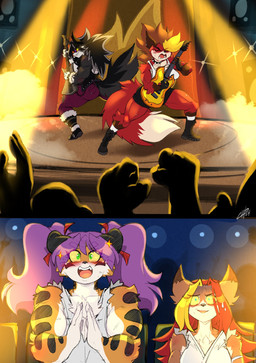 anthro bodily_fluids boots clapping clothing collar concert electric_guitar female footwear fur guitar hair male musical_instrument plucked_string_instrument purple_hair red_body red_fur shirt shoes spiked_collar spikes stage string_instrument sweat tank_top topwear chalo las_lindas background_character carmesi howl_(chalo) tiggs vixy canid canine canis felid fox mammal pantherine tiger wolf 2025 hi_res