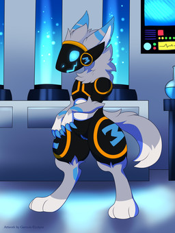 anthro black_body blue_claws blue_eyes blue_markings blue_vulva claws cybernetics digitigrade dipstick_ears dipstick_tail ear_markings female fur genitals gloves_(marking) grey_body grey_fur grey_tail machine markings multicolored_ears multicolored_tail nude screen screen_face solo tail tail_markings vulva white_body white_fur white_markings garruuk protogen absurd_res hi_res