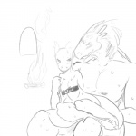 1:1 anthro black_and_white blush bodily_fluids breasts censor_bar censored duo female lihzahrd lizard male monochrome non-mammal_breasts nude reptile scalie size_difference sweat terraria unknown_artist wide_hips