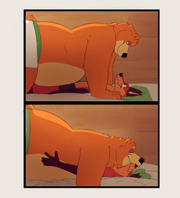 all_fours anthro bed bed_sheet bedding bedroom_eyes belly big_belly brown_body brown_fur clothed clothing collapsing crush duo fur furniture laying_on_another laying_on_partner looking_down looking_down_at_partner looking_up_at_partner looming_over lying male male/male narrowed_eyes on_back on_bed orange_body orange_fur overweight overweight_anthro overweight_male pillow seductive size_difference smile smirk squish tail tan_body tan_fur underwear underwear_only jacklled grizzy_and_the_lemmings grizzy_(grizzy_and_the_lemmings) bear brown_bear canid canine canis coyote mammal ursine absurd_res comic hi_res