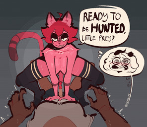5_fingers ahoge anthro bedroom_eyes big_breasts blush bodily_fluids bottomwear breasts breath brown_body brown_fur clothing crouching dialogue dipstick_ears dipstick_tail duo ear_markings emanata erection eyewear fingers first_person_view flirting floppy_ears flustered fur genital_fluids genitals glasses grey_background gynomorph hair hanging_breasts horn intersex intersex/intersex intersex_pov legwear lying markings mostly_nude multicolored_ears narrowed_eyes on_back open_mouth penis penis_poking_out pink_body pink_fur pink_hair precum seductive sharp_teeth shirt short_hair shorts simple_background speech_bubble stockings sweat t-shirt tail tail_markings teeth text topwear touching_tips saucymauler cherry_(cherstycherry) spikedmauler_(fursona) canid canine canis domestic_cat domestic_dog felid feline felis mammal 2026 english_text pictographics signature trans_(lore) trans_woman_(lore)
