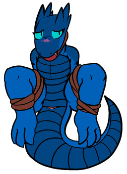 animal_genitalia anthro ball_gag bdsm blush bondage bound cloaca female flat_chested forced frogtied gag genitals hands_behind_back legs_tied nude slave solo trout_(artist) lolori kobold reptile scalie 2019