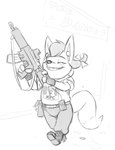 accessory anthro bow_ribbon braces eyes_closed female gun hair_accessory hair_bow hair_ribbon holding_gun holding_object holding_ranged_weapon holding_weapon machine_gun ranged_weapon ribbons smile solo tail text walking walking_towards_viewer weapon dogyd chicken_little_(2005) disney kfc colonel_sanders foxy_loxy_(2005) canid canine fox mammal 2024 english_text hi_res monochrome sketch