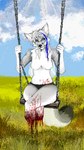 2_missing_limbs 5_fingers amputee anthro blood blood_on_stomach blood_on_thigh blue_eyes blue_hair blue_highlights blue_sky bodily_fluids breasts chain cheek_tuft clothed clothing cloud crossed_legs day detailed_background dipstick_tail disability eyebrows eyewear facial_tuft featureless_breasts female fingers fur fur_markings glasses gloves_(marking) gore grass grey_body grey_fur hair highlights_(coloring) leg_injury long_hair looking_aside markings missing_all_legs multicolored_tail navel outside panties panties_only pixelated plant raised_inner_eyebrows rectangular_glasses sitting sky smile solo sun swing tail tail_markings topless tuft underwear underwear_only white_hair jeffusherb fio_(wipfenfels) animal_humanoid canid canid_humanoid humanoid mammal mammal_humanoid 2023 digital_media_(artwork) pixel_(artwork)