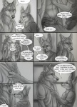 anthro bottomwear canid canine canis clothed clothing comic dialogue duo ear_piercing ear_ring english_text eye_contact fox fur greyscale looking_at_another male male/male mammal marcus_(rukis) monochrome nervous open_clothing open_shirt open_topwear pants paws piercing poster reis ring_piercing rukis shirt smile smirk speech_bubble standing tail text topwear window wolf