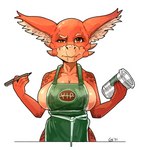 2021 anthro apron apron_only big_breasts bodily_fluids breasts brown_eyes captaincob clothing container cup digital_media_(artwork) dual_holding eyebrows female green_apron green_clothing holding_container holding_cup holding_object holding_pen huge_breasts i_mean_breast_milk inner_ear_fluff kobold lactating lactating_through_clothing looking_at_viewer meme mostly_nude non-mammal_breasts pen raised_eyebrow red_(captaincob) red_body red_scales scales shaded simple_background solo tan_body tan_scales tuft wet wet_clothing white_background writing_utensil