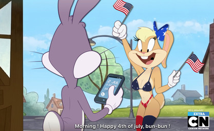 american_flag_bikini anthro bikini bikini_bottom bikini_top clothing duo female flag_bikini flag_swimwear holidays male on_model swimwear two-piece_swimsuit gozo76257 4th_of_july looney_tunes warner_brothers bugs_bunny lola_bunny lagomorph leporid mammal rabbit hi_res