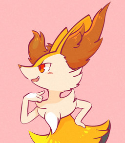 3_fingers ambiguous_anthro ambiguous_gender anthro arm_tuft biped black_body black_fur blush blush_lines cheek_tuft chest_tuft eyelashes facial_tuft fangs feet fingers fluffy fur hand_on_hip hip_tuft inner_ear_fluff looking_at_viewer markings multicolored_body multicolored_fur neck_tuft nude_ambiguous open_mouth open_smile orange_body orange_fur orange_inner_ear_fluff orange_nose pink_background pointy_ears prick_ears pupils red_eyes shoulder_tuft simple_background smile snout solo teeth toes tuft white_body white_fingers white_fur white_hands white_sclera yellow_body yellow_ears yellow_fur momensarada nintendo pokemon braixen canid generation_6_pokemon mammal pokemon_(species) 2023 colored digital_drawing_(artwork) digital_media_(artwork) half-length_portrait hi_res portrait shaded