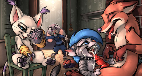 ambiguous_gender animal_genitalia animal_penis anthro blue_eyes blue_hair bodily_fluids camera canine_genitalia canine_penis caught_in_the_act clothed clothing cum cum_in_mouth cum_inside ear_piercing eyes_closed fangs female fur genital_fluids genitals grey_body grey_fur group hair half-closed_eyes licking licking_tip male male/ambiguous masturbation multicolored_body multicolored_fur narrowed_eyes nude open_mouth oral oral_invitation pawpads penis piercing purple_eyes recording red_body red_fur sex teeth tongue tongue_out tongue_piercing vaginal_fluids vulva walk-in white_body white_fur carrot_(artist) bandai_namco digimon disney zootopia fan_character judy_hopps nick_wilde canid canine digimon_(species) domestic_cat european_rabbit felid feline felis fox gatomon lagomorph leporid mammal oryctolagus rabbit red_fox true_fox 2020 absurd_res crossover hi_res
