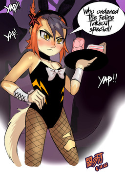 accessory annoyed anthro bunny_costume clothing costume dialogue female food hair headband holding_food holding_object legwear multicolored_hair party solo stockings waitress_uniform yellow_eyes young young_female darkfang100 clubstripes thundercats thundercats_2011 wilykit felid feline mammal hi_res