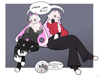 anthro blush border breasts clothing dialogue dotted_background ear_piercing eye_through_hair eyewear female flustered fur gauged_ear glasses grey_background group hair heart_glasses heart_symbol hearts_around_head horn humanoid_hands leggings legwear male off-shoulder_top pattern_background piercing simple_background speech_bubble spiral spiral_eyes text translucent translucent_hair trio wearing_glasses white_body white_border white_fur white_hair it_doodles lagomorph leporid mammal rabbit 2025 digital_drawing_(artwork) digital_media_(artwork) english_description english_text hi_res