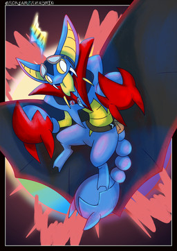 bag blue_body eyewear eyewear_on_head fangs goggles goggles_on_head jewelry looking_at_viewer necklace pincers satchel teeth tongue tongue_out wings yellow_eyes yellow_insides screamoshaymin fakemon nintendo pokemon generation_4_pokemon gliscor mega_evolution pokemon_(species) shiny_pokemon absurd_res hi_res signature