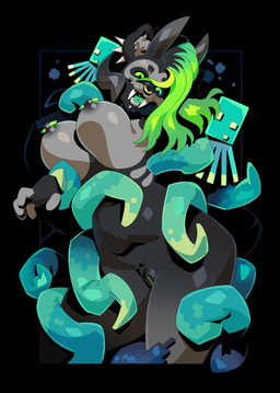 5_fingers anthro big_breasts black_background black_body black_fur black_nipples black_sclera bone_markings breasts facial_piercing female fingers fur genitals green_eyes green_hair green_tongue green_vulva grey_body grey_fur hair highlights_(coloring) markings multicolored_body multicolored_fur nipple_piercing nipples nose_piercing open_mouth piercing simple_background skeleton_(marking) slightly_chubby solo standing tentacles tentacles_around_arms tentacles_around_legs tentacles_on_female tongue tongue_piercing two_tone_body two_tone_fur vulva semashine microsoft minecraft mojang xbox_game_studios canid glow_squid_(minecraft) mammal 2025 hi_res