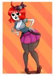 accessory bone bottomwear bow_(feature) bow_accessory bow_ribbon breasts cleavage clothed clothing clothing_pull female hair hair_accessory hair_bow hair_ribbon hand_on_hip monster_girl_(genre) nipples not_furry red_hair ribbons shirt shirt_pull skeleton skirt smile solo tongue topwear topwear_pull nerdbayne monster_girl_gamu skelly animated_skeleton undead 2016 absurd_res digital_media_(artwork) hi_res shaded