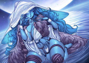 big_breasts blue_body blue_eyes blue_hair breasts cleavage clothed clothing cracked_skin doll doll_joints feet female hair hat headgear headwear huge_breasts long_hair navel open_clothing solo thick_thighs water wet gofa elden_ring fromsoftware ranni_the_witch animate_inanimate humanoid living_doll 2022 hi_res