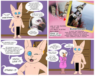 anthro bathrobe blood bodily_fluids breaking_the_fourth_wall censor_bar clothing collar cute_fangs dialogue duo fangs feathers featureless_hands female greeting hairless hands_on_hips looking_at_another looking_at_viewer male name_drop name_in_dialogue one_eye_closed open_mouth photo pink_bathrobe pink_clothing pink_collar pink_floor pink_nose pink_robe pointy_ears purple_wall robe smile sparkles speech_bubble spiked_collar spikes sweat sweatdrop tail talking_to_viewer tan_body tan_skin teeth text white_body white_feathers wink teastuff bloodparade ethan_allen_(teastuff) selena_(teastuff) avian bird domestic_cat felid feline felis hairless_cat mammal sphynx_(cat) 2025 4koma censored comic english_text hi_res mosaic_censorship