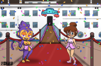 anthro barefoot breasts brown_hair clothed clothing collar confetti day detailed_background duo eyewear feet female footwear fur genitals gesture glasses hair half-closed_eyes logo looking_at_viewer narrowed_eyes nipples open_mouth open_smile outside partially_clothed purple_body purple_fur red_carpet ship shoes short_female skimpy small_breasts smile standing text translucent translucent_clothing vehicle vulva watercraft h1draw alvin_and_the_chipmunks bloons_tower_defense ninja_kiwi ezili_(bloons) jeanette_miller chipmunk ground_squirrel haplorhine mammal monkey primate rodent sciurid 2025 absurd_res artist_logo english_text hi_res