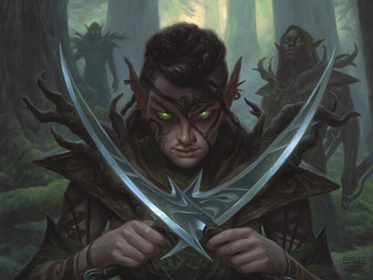 5_fingers dagger detailed_background ear_piercing ear_ring fingers forest green_eyes group hair holding_dagger holding_melee_weapon holding_object holding_weapon looking_at_viewer male melee_weapon not_furry outside piercing plant ring_piercing tree weapon chris_rahn hasbro magic:_the_gathering wizards_of_the_coast elf humanoid 2017 4:3 official_art traditional_media_(artwork)