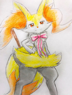 3_fingers :3 ambiguous_anthro ambiguous_gender anthro arm_tuft big_tail biped black_body black_fur cheek_tuft chest_tuft digitigrade dipstick_tail facial_tuft fingers flat_chested front_view fur half-closed_eyes hand_on_hip head_tilt hip_tuft inner_ear_fluff looking_at_viewer markings multicolored_body multicolored_fur narrowed_eyes nude_ambiguous nude_anthro object_in_tail orange_body orange_eyes orange_fur orange_inner_ear_fluff orange_nose orange_tail_tip pink_bow pointy_ears prick_ears shoulder_tuft simple_background solo standing stick stick_in_tail tail tail_markings tuft two_tone_tail white_background white_body white_fur yellow_body yellow_fur yellow_tail eiroru nintendo pokemon braixen canid generation_6_pokemon mammal pokemon_(species) 2018 colored colored_pencil_(artwork) colored_sketch graphite_(artwork) hi_res portrait shaded sketch three-quarter_portrait traditional_media_(artwork)