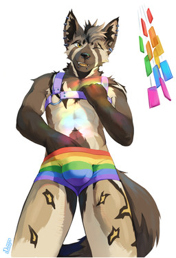 anthro athletic brown_body brown_fur bulge clothing eyes_closed fur hand_in_underwear harness lgbt_pride looking_at_viewer looking_down looking_down_at_viewer male multicolored_clothing multicolored_underwear piercing pride_colors rainbow_clothing rainbow_lights rainbow_underwear simple_background smile smiling_at_viewer solo spots standing tongue underwear yellow_eyes yellow_tongue dakon canid canine canis mammal wolf absurd_res hi_res