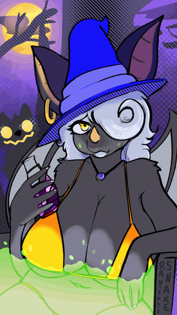 anthro bat_wings big_breasts bikini black_body black_fur blinking breasts cauldron clothing colored_nails ear_piercing ear_ring ear_twitch eyeshadow female full_moon fur hair hair_over_eye hat headgear headwear huge_breasts jewelry lipstick looking_at_viewer makeup membrane_(anatomy) membranous_wings moon nails necklace partially_submerged piercing potion potion_bottle ring_piercing solo swimwear text two-piece_swimsuit white_hair wings witch_hat yellow_eyes raviolisnake bat leaf-nosed_bat mammal microbat yangochiropteran 2025 2d_animation 9:16 animated artist_name digital_media_(artwork) frame_by_frame hi_res loop shaded