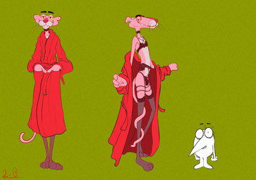anthro black_clothing black_lingerie clothed clothing crossdressing crossdressing_male duo femboy feminine_pose floating_eyebrows fur lingerie male pink_body pink_fur pose red_clothing robe shocked short slim snout tail tail_wrapped_around tall undressing white_body yellow_eyes li00 pink_panther_(series) big_nose_(pink_panther) pink_panther felid mammal pantherine hi_res