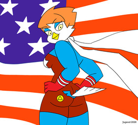 american_flag anthro beak biped bodysuit breasts butt clothed clothing eyebrows feathers female hair hands_on_own_hips looking_back medium_breasts rear_view short_hair skinsuit solo standing superhero superhero_costume tail tail_feathers tight_clothing united_states_of_america white_body white_feathers jugend accipitrid accipitriform avian bird eagle 2026 hi_res