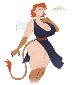 back_wings breasts cleavage clothed clothing feathered_wings feathers female fur genitals greek_clothing hair half-closed_eyes humanoid_genitalia humanoid_vulva narrowed_eyes orange_body orange_fur orange_hair solo tail tail_tuft thick_thighs toga tuft vulva wardrobe_malfunction white_body white_feathers wide_hips wings yellow_body yellow_fur jamesab mythology animal_humanoid felid felid_humanoid humanoid mammal mammal_humanoid mythological_creature mythological_sphinx sphinx_humanoid