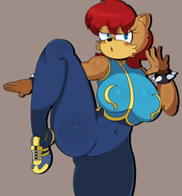 anthro blue_eyes bracelet clothed clothed_anthro clothed_female clothing cosplay crossover_cosplay facial_tuft female female_anthro hair jewelry looking_at_viewer narrowed_eyes navel pose red_hair simple_background solo spiked_bracelet spikes standing thick_thighs tight_clothing tuft laranxart archie_comics capcom sega sonic_the_hedgehog_(archie) sonic_the_hedgehog_(comics) sonic_the_hedgehog_(series) street_fighter chun-li sally_acorn chipmunk ground_squirrel mammal rodent sciurid 2026 absurd_res crossover hi_res