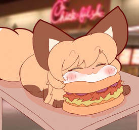 3_toes :3 big_ears blurred_background blush blush_lines bread brown_body brown_ears brown_fur building burger chicken_meat dipstick_tail eyebrow_through_hair eyebrows eyelashes eyes_closed fast_food fast_food_restaurant feet female feral feralized food fruit fur furniture gloves_(marking) hair head_on_object head_tuft ketchup leg_markings lettuce long_hair lying_on_table markings meat night onion outline outside photo_background plant puffed_cheeks quadruped raised_eyebrows raised_tail shadow smile socks_(marking) solo table tail tail_markings tail_tuft toes tomato translucent translucent_hair tuft vegetable white_body white_fur window yellow_body yellow_fur conditional_dnp sodanalan1998 chick-fil-a averi_(fiddleafox) canid canine fox mammal red_fox true_fox 2024 colored_line_art digital_drawing_(artwork) digital_media_(artwork) hi_res photography_(artwork)