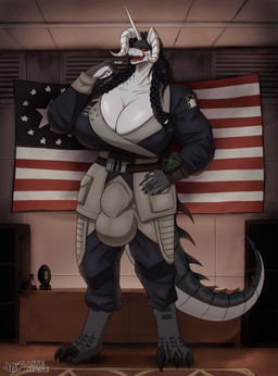 anthro belt big_breasts bomb braided_hair breasts bulge buttplug clothing detailed_bulge explosives face_lick flag genital_outline gynomorph hair horn intersex licking looking_at_viewer muscular muscular_gynomorph muscular_intersex nuka-cola penis_outline pip-boy plug_(sex_toy) red_eyes sex_toy solo tail tongue uniform litehase enclave_(fallout) fallout microsoft deathclaw scalie hi_res