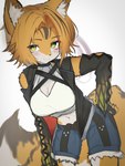 2024 absurd_res anthro armwear blonde_hair blush bottomwear clothing cutoffs denim denim_bottomwear denim_clothing detached_sleeves felid feline female fur green_eyes hair hand_on_hip hi_res jacket kemono leopardus lilkon mammal midriff mihoyo navel ocelot pulchra_(zenless_zone_zero) shorts simple_background smile smiling_at_viewer solo stripes topwear white_background yellow_body yellow_fur zenless_zone_zero