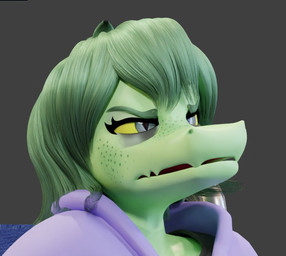 anthro eye_bags female freckled_face freckles frown green_body green_hair grey_background hair pupils scowl simple_background slit_pupils solo yellow_sclera violetv0ids cavemanon_studios i_wani_hug_that_gator olivia_halford baryonyx dinosaur prehistoric_species reptile saurischian scalie spinosaurid theropod 3d_(artwork) bust_portrait digital_media_(artwork) portrait