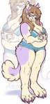 anthro blowup_background blue_bottomwear blue_bra blue_clothing blue_underwear bottomwear bra brown_hair butt_tuft cheek_tuft claws closed_smile clothed clothing container cup eyes_closed facial_tuft female fur hair holding_container holding_cup holding_mug holding_object light_body light_fur mouth_closed mug neck_tuft overweight overweight_anthro overweight_female purple_body purple_claws purple_fur purple_nose simple_background smile solo standing three-quarter_view tuft underwear yellow_body yellow_fur seraphictiger miss_leetah alaskan_malamute canid canine canis domestic_dog mammal nordic_sled_dog spitz full-length_portrait portrait signature