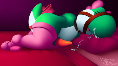 3_toes accessory animal_genitalia anthro arms_tied bdsm bodily_fluids bondage bound bow_(feature) bow_accessory bow_ribbon clothed clothing cock_ring collar crossdressing cum dominant dominant_male ejaculation erection eyes_closed feet femboy furgonomics genital_fluids genitals green_body green_scales jewelry legwear male muzzle_(object) muzzled open_mouth orgasm paws penis penis_accessory penis_jewelry ribbons scales simple_background solo stockings submissive submissive_male tail tail_accessory tail_bow tail_ribbon tapering_penis toes white_body white_scales visionaryserpent mario_bros nintendo fan_character lenni_(boundedyoshi) dinosaur green_yoshi prehistoric_species reptile scalie yoshi 16:9 2017 hi_res story story_in_description wallpaper widescreen