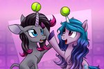 abstract_background ball black_hair blue_hair curved_horn cutie_mark duo female feral fur grey_body grey_fur hair hooves horn hornball looking_up purple_body purple_fur purple_hooves redahfuhrerking hasbro mlp_g5 my_little_pony mythology them's_fightin'_herds izzy_moonbow_(mlp) oleander_(tfh) equid equine horse mammal mythological_creature mythological_equine pony unicorn 2021 3:2 crossover digital_media_(artwork) hi_res