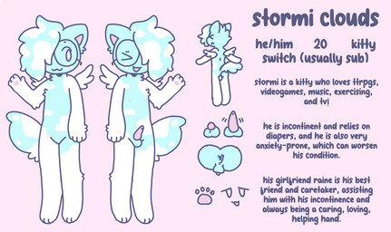 animal_genitalia anthro butt cloud_pattern erection eyewear feathered_wings feathers fluffy fluffy_tail freckles genitals glasses hair hair_over_eye implied_diaper incontinence male patterned_fur pawpads penis sheath small_penis solo tail text wings guppyscollar stormi_clouds_(guppyscollar) domestic_cat felid feline felis mammal english_text hi_res model_sheet