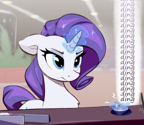 animal_ears blue_eyes blurred_background counter eyelashes female feral fur glistening glistening_eyes hair horn monotone_body mouth_closed onomatopoeia pupils purple_hair solo sound_effects text white_body rnghat friendship_is_magic hasbro my_little_pony mythology rarity_(mlp) equid equine mammal mythological_creature mythological_equine unicorn hi_res