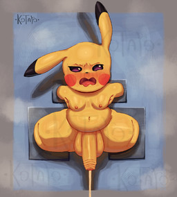annoyed anthro aroused balls bdsm becoming_erect big_balls big_penis blush bodily_fluids bondage bound cum cum_string dripping foreskin front_view frown genital_fluids genitals glistening glistening_body humanoid_genitalia humanoid_penis leaking_precum looking_at_viewer male navel nipples nude open_mouth penis precum precum_drip public_use solo stuck thick_thighs through_wall tongue yellow_body kot_aro nintendo pokemon generation_1_pokemon pikachu pokemon_(species) 2025 hi_res signature