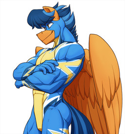 abs anthro biceps blue_hair bodysuit butt clothed clothing cocky_smile crossed_arms feathered_wings feathers fur hair male muscular muscular_anthro muscular_male one_piece_suit orange_body orange_fur pecs skinsuit smile smirk solo superhero superhero_costume teasing tight_clothing triceps wings wonderbolts_uniform ponyanony friendship_is_magic hasbro my_little_pony mythology lightning_rider equid equine horse mammal mythological_creature mythological_equine pegasus pony hi_res